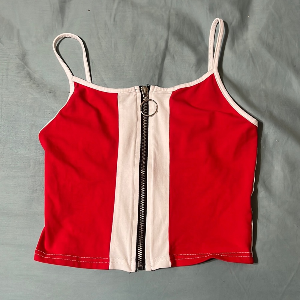 Red, Black, and White Crop top with Zipper